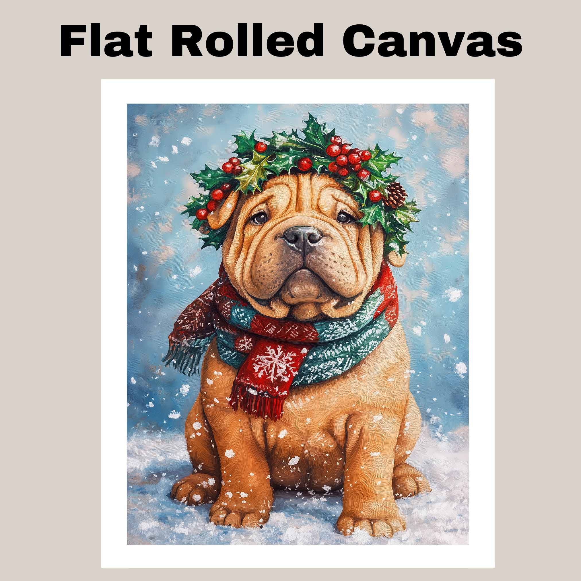 Christmas Shar Pei Dog Wall Art for Winter Holly Wreath Canvas for Home Decor