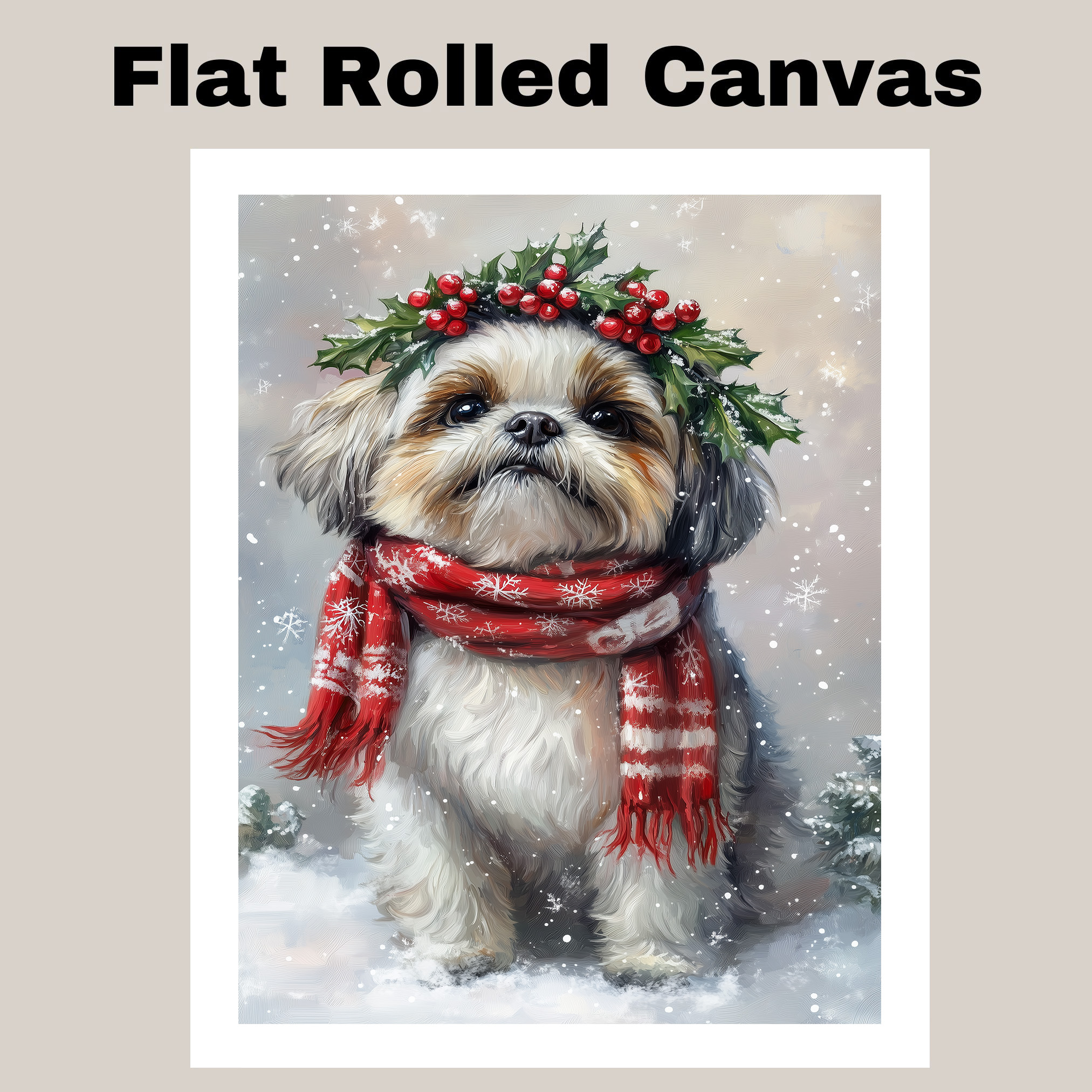 Christmas Shih Tzu Canvas Art for Winter Holiday Dog Artwork with Holly Wreath