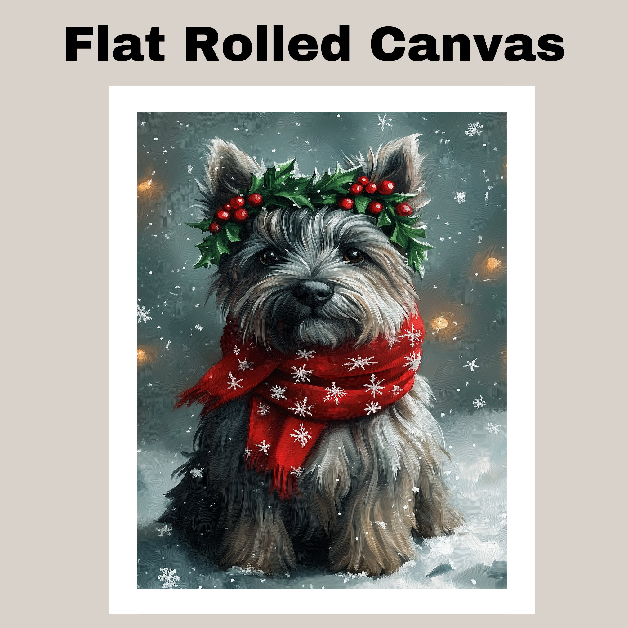 Christmas Skye Terrier Dog Wall Art with Scarf and Holly Wreath Canvas Print