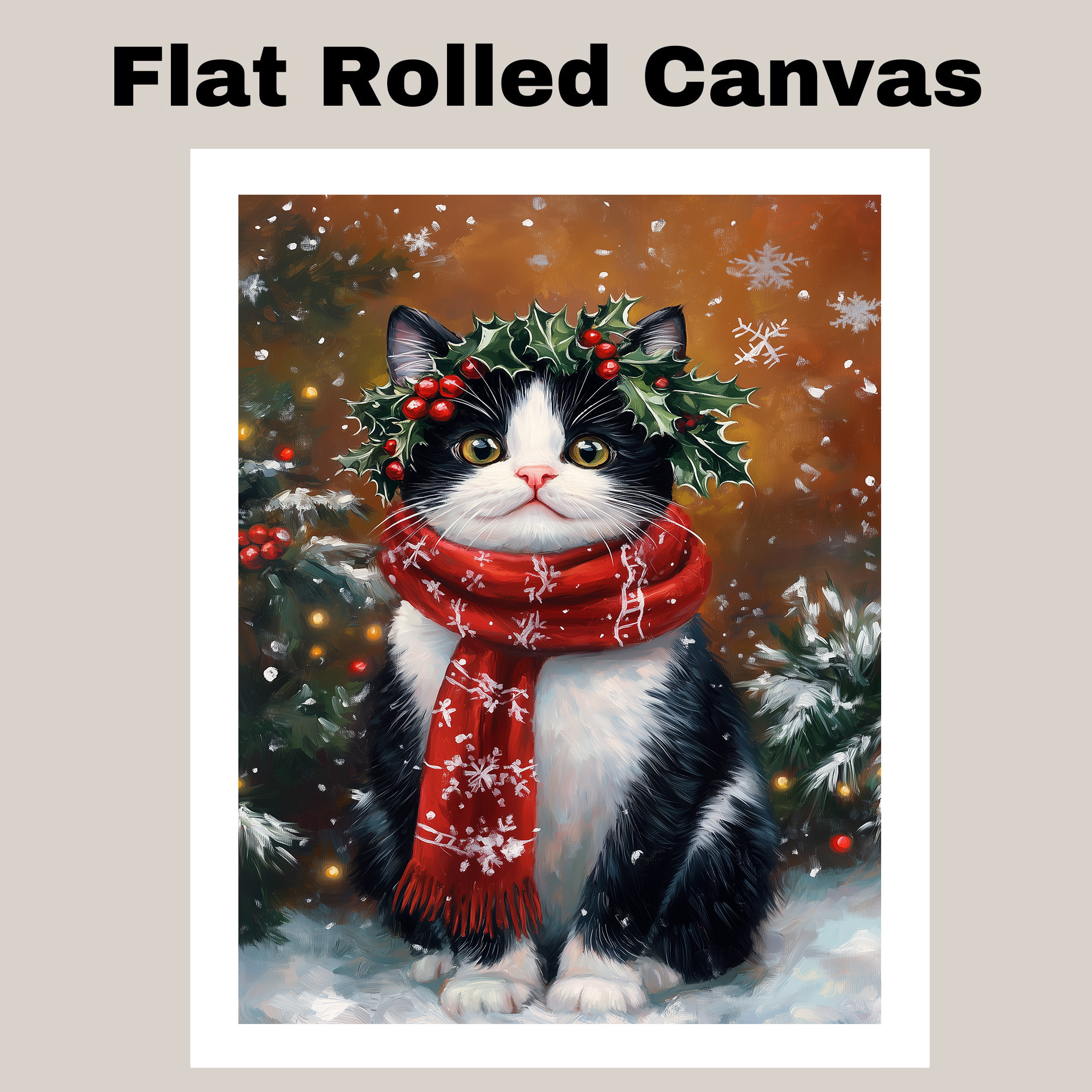 Christmas Tuxedo Cat Canvas Art for Winter Holiday Holly Wreath Festive Gifts