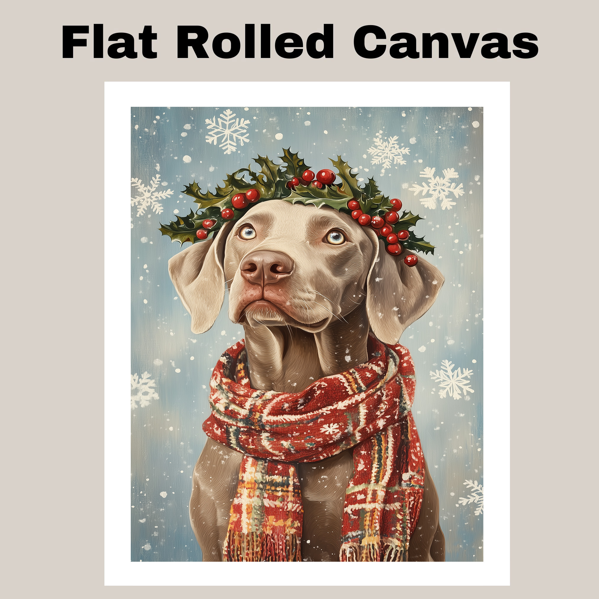 Christmas Weimaraner Dog Wall Art with Holly Wreath Snow Canvas for Home Decor